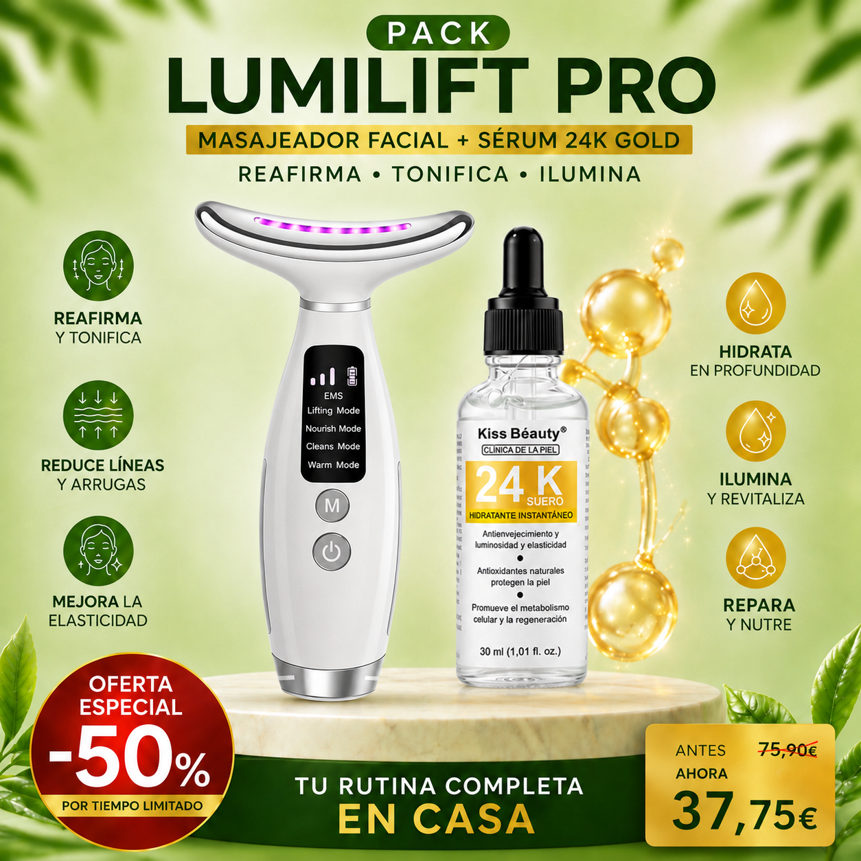LumiLift Pro — Masajeador Facial EMS con Sérum 24 K Gold