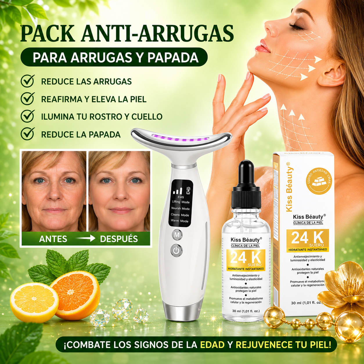 LumiLift Pro — Masajeador Facial EMS con Sérum 24 K Gold